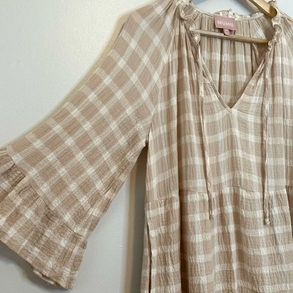 🎉SHOW ME YOUR MUMU Viola Plaid Mini Dress Cream Medium - Picture 6 of 14